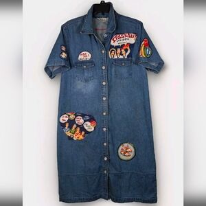 Denim Dress L Embellished Sushi Patches Upcycled